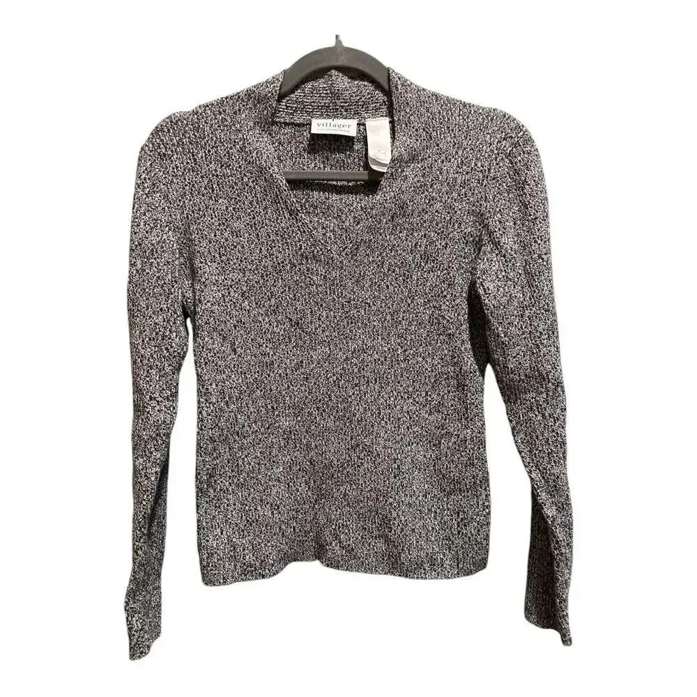 Villager By Liz Claiborne Grey Marbled V-Neck Longsleeve Top